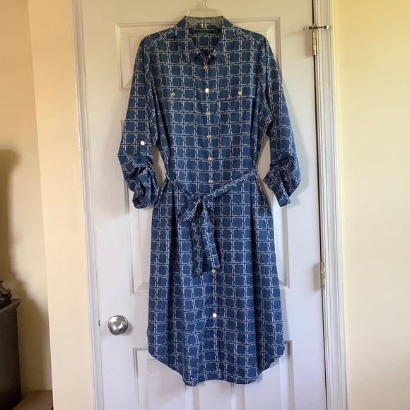 C. Wonder Midi Length Lattice Print Button Front Shirt Dress Blue/Green SZ 14 - Picture 3 of 16